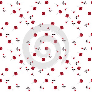 Ditsy seamless floral pattern in vector. Small red flowers isolated on white background