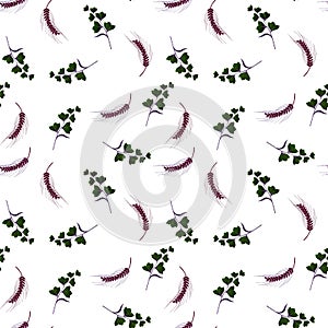 Ditsy seamless natural pattern. Stylized green bell flowers and dark purple ears of wheat isolated on white background.