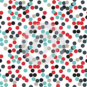 Ditsy vector polka dot pattern with random hand painted circles in various colors.