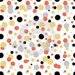 Ditsy vector polka dot pattern with random hand painted circles in white, black, coral red, silver, gold colors