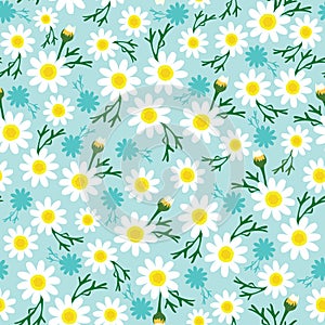 ditsy white yellow daisy flower and green leaves with mint blue background.