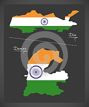 Diu and Daman map with Indian national flag illustration