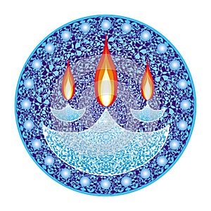 Divali Festival of Lights. Three candles, mandala. India. Vector graphics.