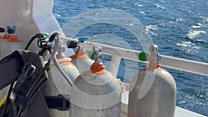 Dive Boat with Scuba Cylinders Sailed Towards the Dive Site.