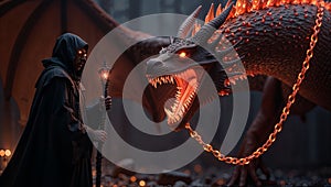 Dark Fantasy Wizard Commands Fiery Red Dragon with Glowing Magical Chains photo