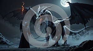 Dark Fantasy Wizard Commands Fiery Red Dragon with Glowing Magical Chains photo