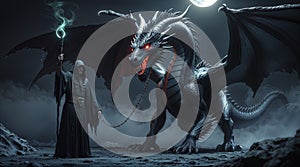 Dark Fantasy Wizard Commands Fiery Red Dragon with Glowing Magical Chains photo