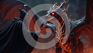 Dark Fantasy Wizard Commands Fiery Red Dragon with Glowing Magical Chains photo
