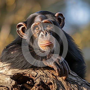 close up of a chimpanzee, pan troglodytes, with brown eyes, resting and relaxing on a wooden tree, generative ai photo