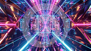 Dive into a digital corridor of neon geometry, where sharp angles and glowing lines converge to form a mesmerizing