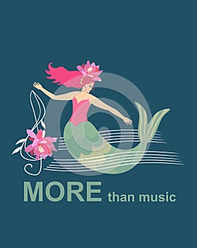 Dive into the music. Mermaid floating among the waves depicted in the form of musical rulers and a treble clef