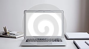 white notebook with brith white screen in front of white background