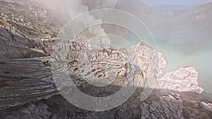 Dive to tropical volcano crater stone texture with mist fog and acid blue lake Asian