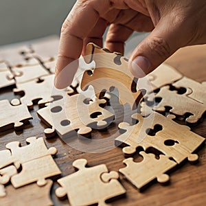 Hands Holding Jigsaw Puzzle Pieces: Close-Up Crop Shot.