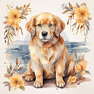 Watercolor Golden Retriever Clipart with orange flowers and water, aquarela, colorfully. AI Generative photo