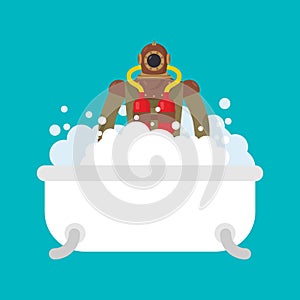 Diver in bath. Retro Underwater diver in bathroom. Vector illustration