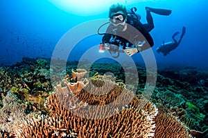 Diver with a camera swimming over a tropical reef