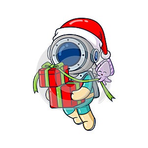 The diver is carrying gift boxes with help by little octopus holding on a rope