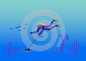 Diver Character in Scuba Diving Costume Research Ocean Bottom with Metal Detector Searching Sunken Treasures Hobby