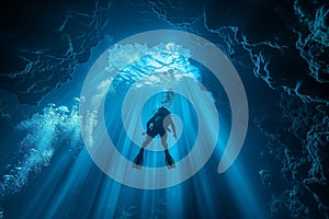 Diver descending into an underwater cavern