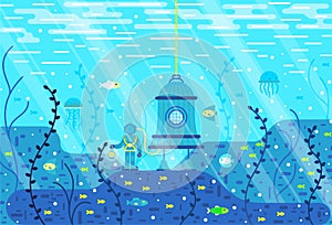 Diver with diving bell at the bottom of the sea - vector cartoon illustration n flat stile