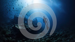 Diver diving at an old shipwreck in the ocean created with Generative AIDown in the ocean.