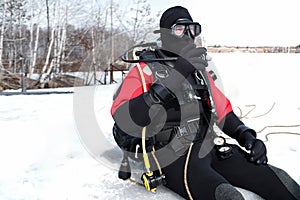 Diver at the edge of an ice hole, ready to immerse