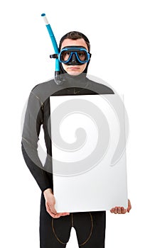 Diver with empty board white paper