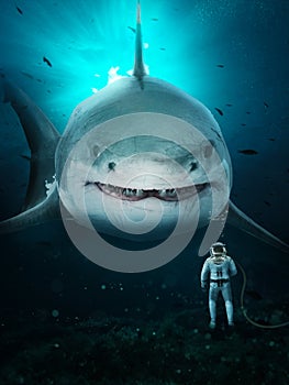 Diver encounters a megalodon - Illustration photo