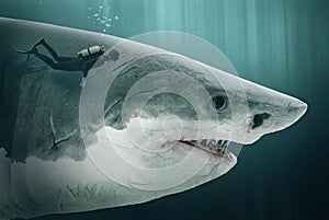 Diver encounters a megalodon - Illustration