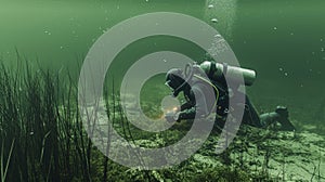 A diver examining the murky greenish water around a port looking for signs of ballast water contamination and the
