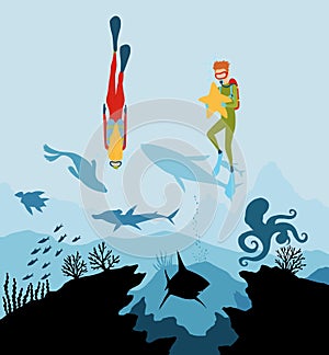 Diver explorers and reef underwater wildlife. Silhouette of coral reef with fish and scuba diver on a blue sea