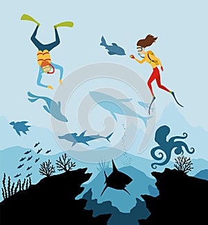 Diver explorers and reef underwater wildlife. Silhouette of coral reef with fish and scuba diver on a blue sea