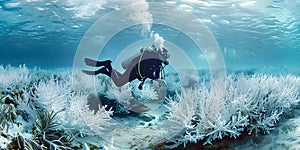 Diver Exploring Bleached Coral Reef
