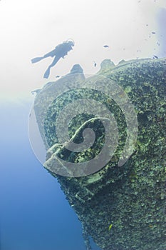 Diver exploring a large shipwreck