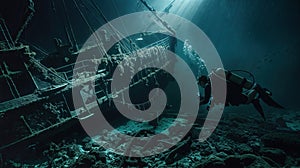 Diver exploring a mysterious shipwreck on the ocean floor