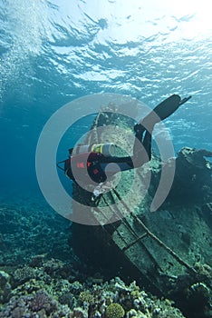 Diver exploring underwater shipwreck.