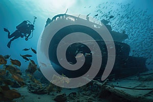 a diver exploring the wreck of a historic battleship, surrounded by schools of fish