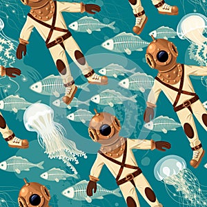 Diver, fish and jellyfish seamless