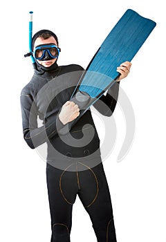 Diver with flipper indoor white background photo