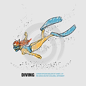 Diver girl linear silhouette in underwater space. Vector outline of diving illustration with scribble doodles style drawing