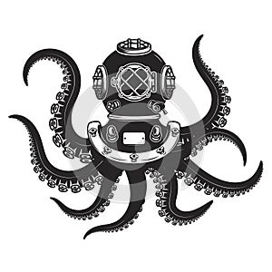 Subacqueo casco polpo tentacoli isolato su sfondo bianco. progetto elementi manifesto 