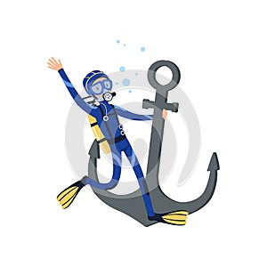 Diver holding onto large old anchor. Underwater adventure. Cartoon man character in special diving costume, mask