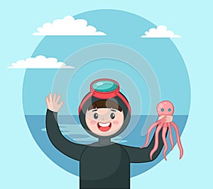 Diver isolated icon portrait of diver in diving mask holding octopus at background of sea and sky