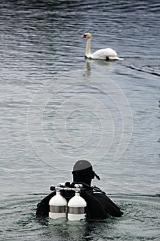 Diver on the lake Velky Drazdiak