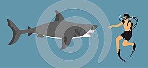 Diver man outside diving cage observing great white shark vector illustration