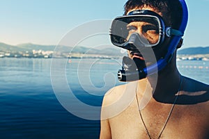 Diver With Mask For Diving And Snorkel At The Sea Shore. Tourism Travel Journey Freediving Concept