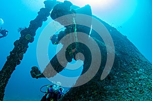 Diver near propeller ship wreck in the blue sea