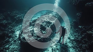 Diver Observing a Large Shipwreck at the Ocean Floor photo