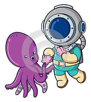 The diver playing together with a big octopus